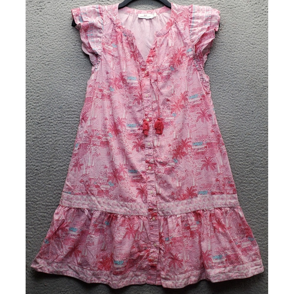 Vineyard Vines Dress Womens S Multi Toile Print Flutter Sleeve Tassel Tie Front